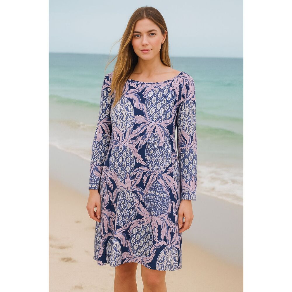 Lilly Pulitzer Blue Long Sleeve Floral Pineapple Midi Dress Women's Size Small